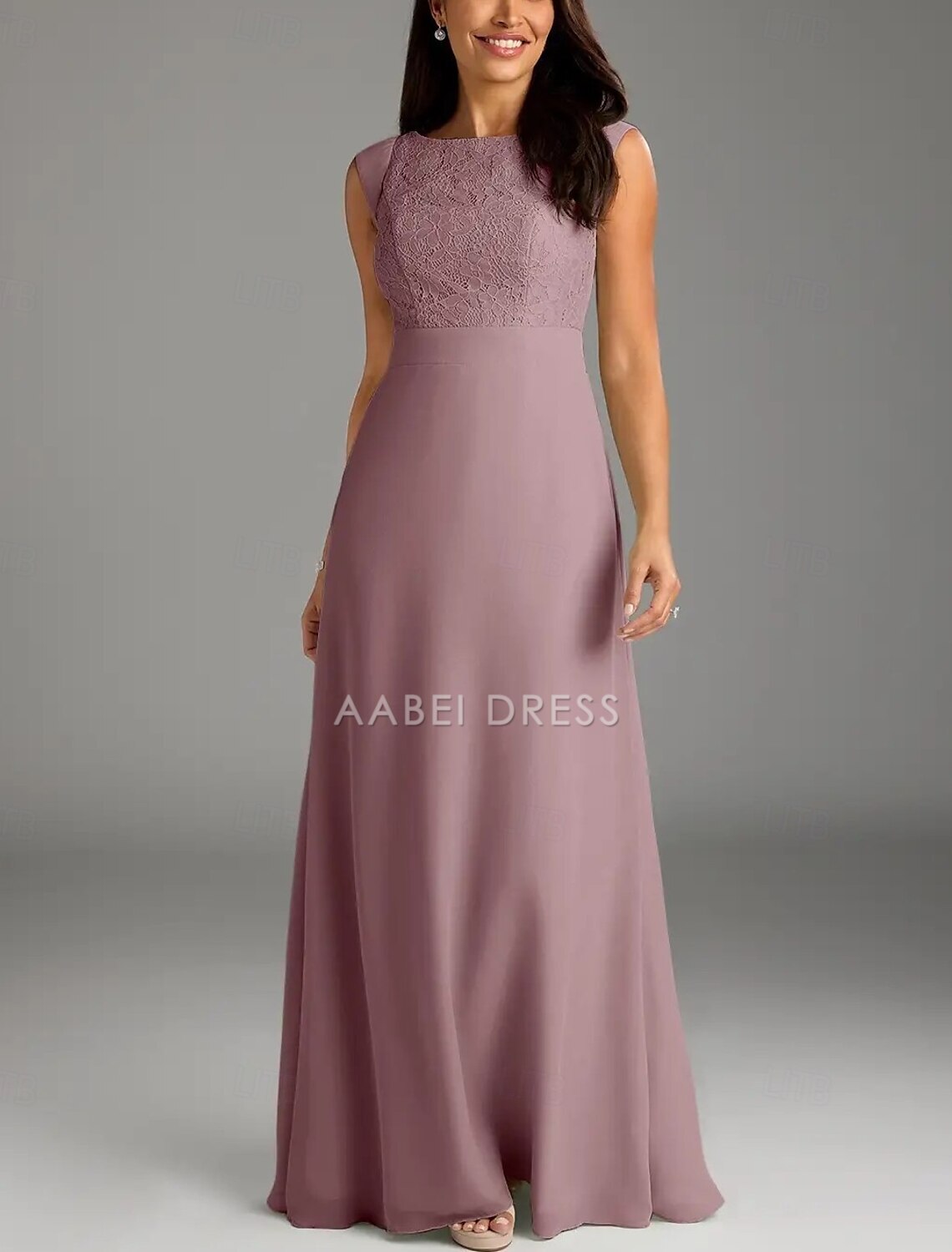 AABEI DRESS Wedding Guest Dress Elegant A-Line Crew Neck Cap Sleeve Floor Length Lace Buttons Simple Mother of the Bride Dress
