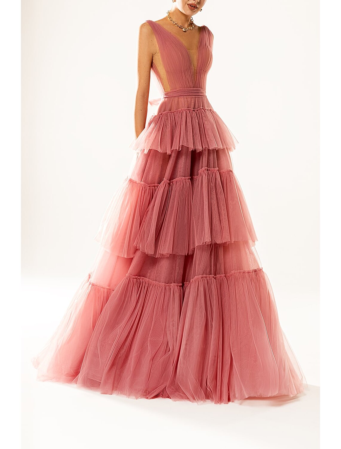 Prom Dresses A-Line Elegant Princess Wedding Guest Formal Evening Dress V Neck Sleeveless Court Train Tulle with Tier Pure Color