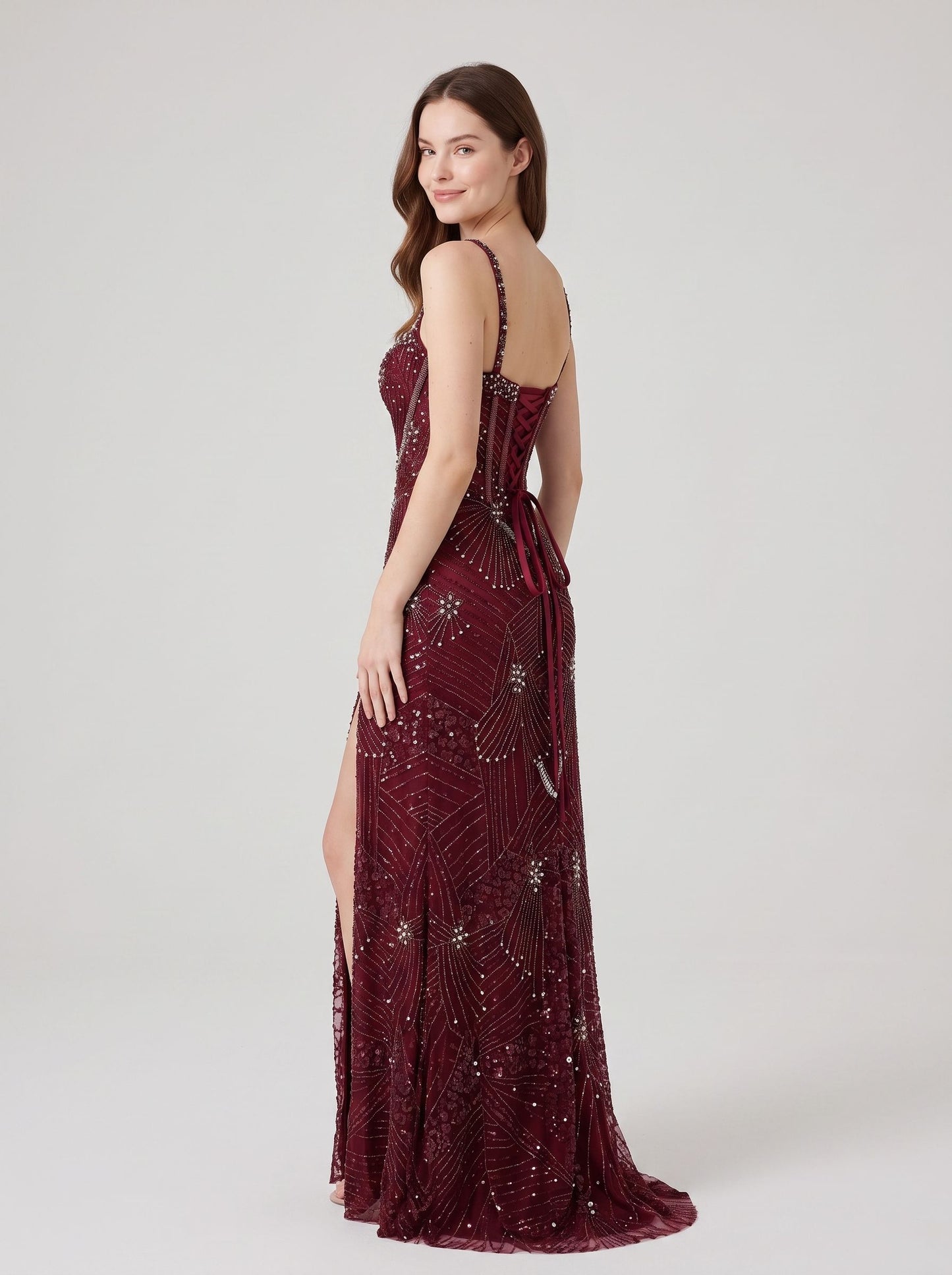 Burgundy Beaded Tulle A Line Sweetheart Lace Up Back Floor Length Dress Back View - Aabei Dress