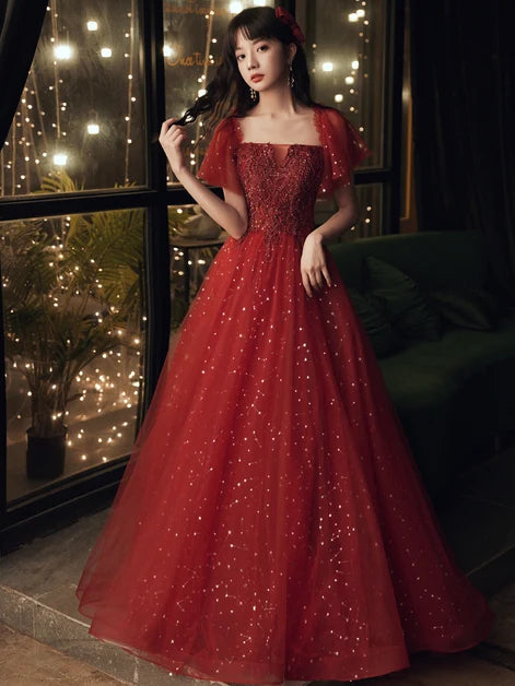 Burgundy Glitter Tulle & Lace A-Line Square Neck Lace-up Floor-Length Dress - Aabei Dress