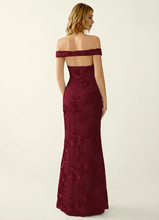 Burgundy Lace sheath-column off-the-shoulder open-back floor-length Dress Back View - Aabei Dress