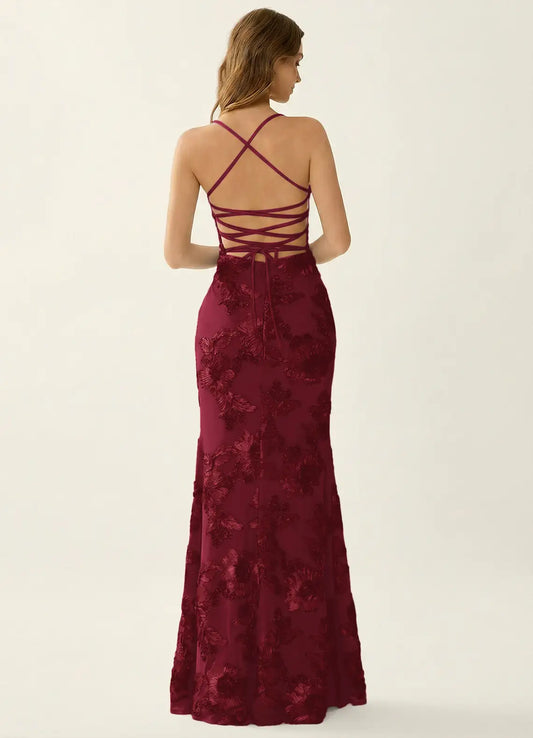 Burgundy Lace Sheath/column Square Neck Criss-Cross Straps Floor-Length Dress Back View - Aabei Dress