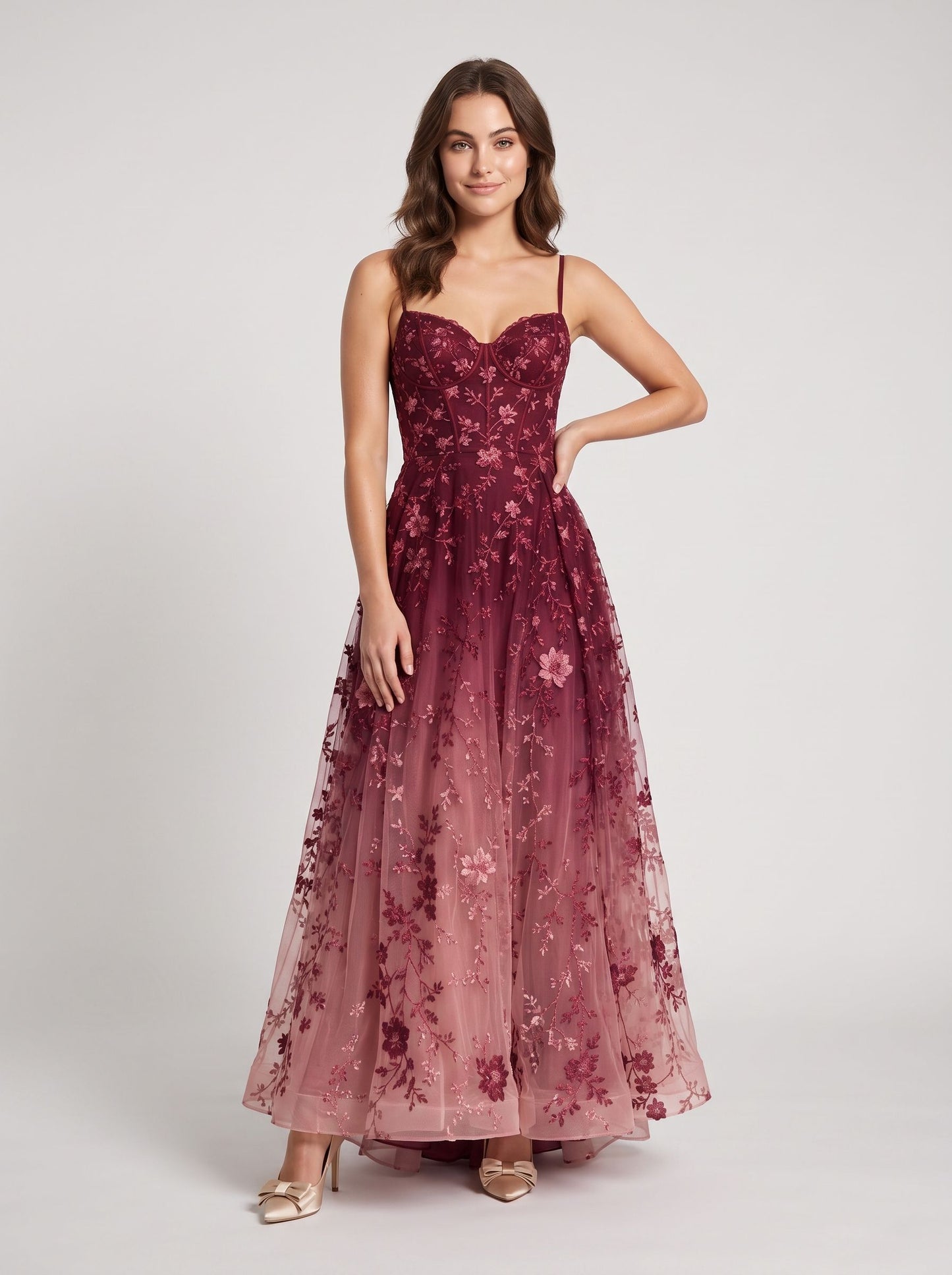 Burgundy Ombre Embroidered Tulle A-Line Sweetheart Floor-Length Dress - Aabei Dress