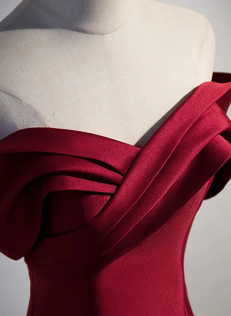 Burgundy Satin A-Line Off-the-Shoulder Lace-up Floor-Length Dress - Aabei Dress