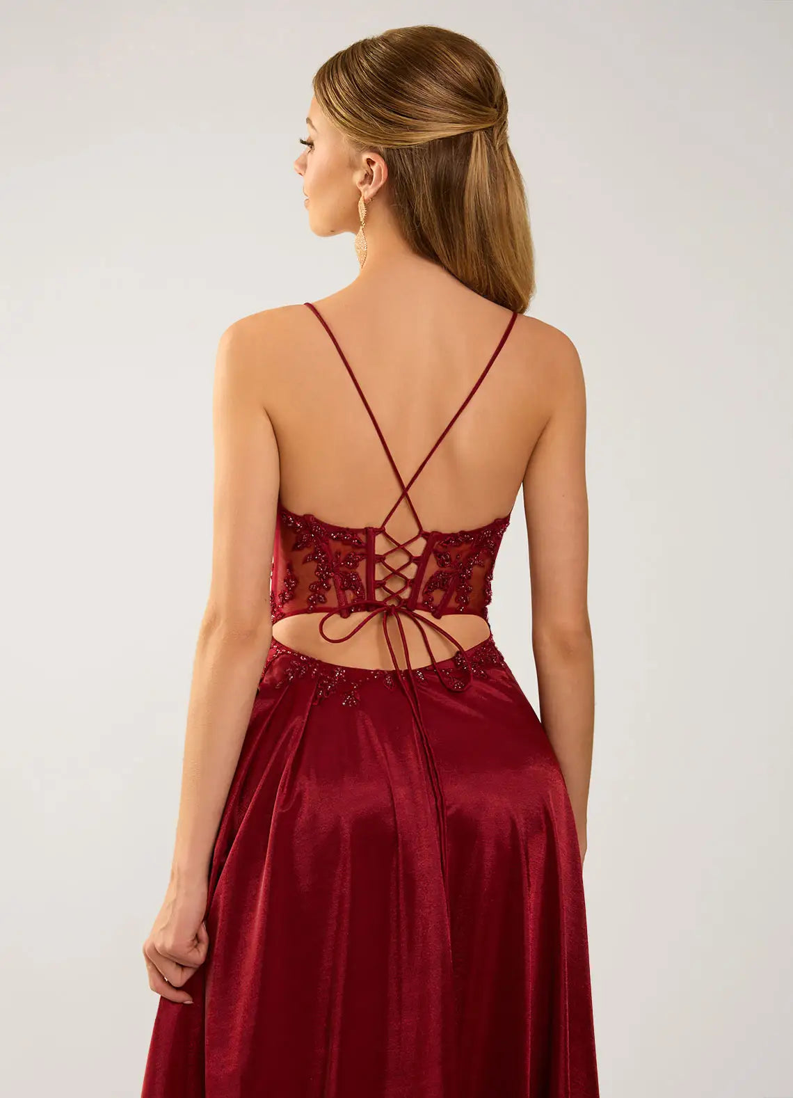 Burgundy Satin A-Line Sweetheart Lace-Up Back Floor-Length Dress - Aabei Dress