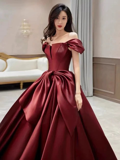Burgundy Satin ball-gown off-the-shoulder zipper-back floor-length Dress - Aabei Dress