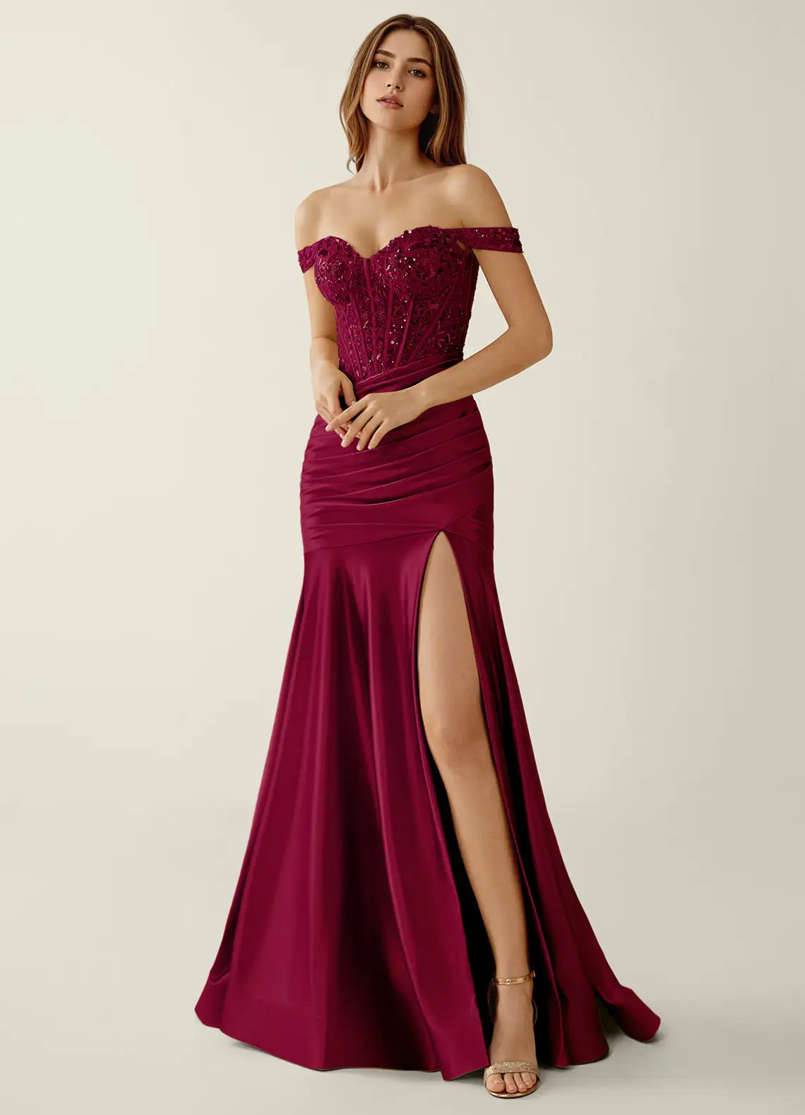 Burgundy Satin & Sequins Mermaid Off-the-Shoulder Floor-Length Dress - Aabei Dress
