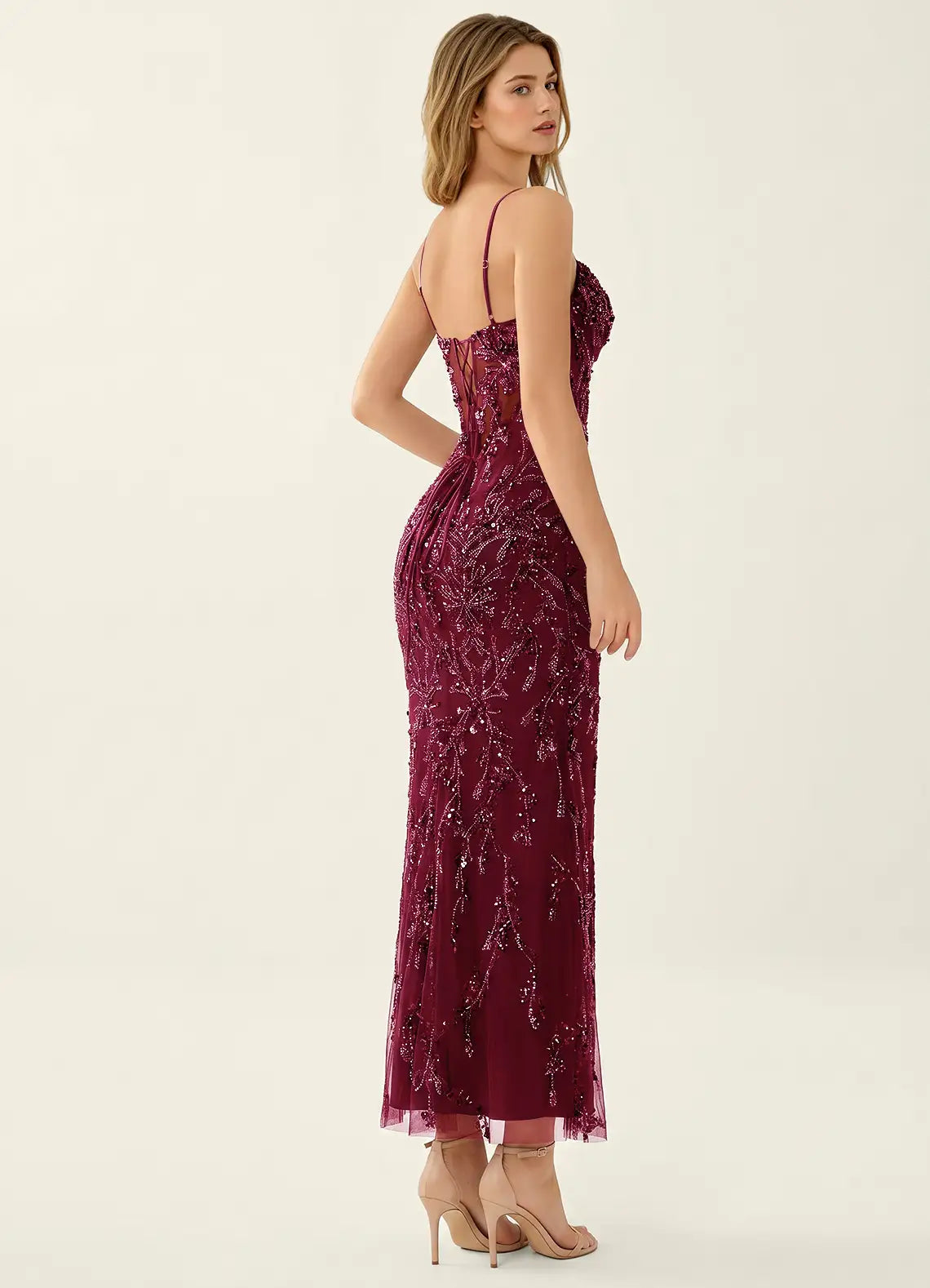 Burgundy Sequin Mesh Mermaid Sweetheart Lace-Up Back Ankle-Length Dress - Aabei Dress