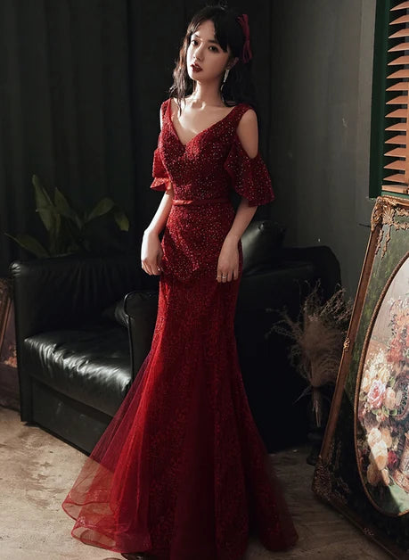 Burgundy Sequin Tulle Mermaid V-Neck V-Back Floor-Length Dress - Aabei Dress