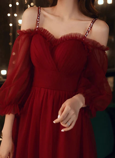 Burgundy Tulle A-Line Sweetheart Lace Up Back Floor-Length Dress - Aabei Dress