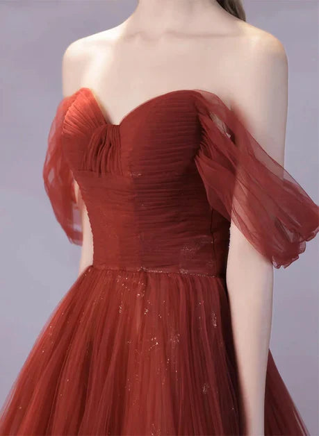 Burgundy Tulle A-Line Sweetheart Lace-up Floor-Length Dress - Aabei Dress