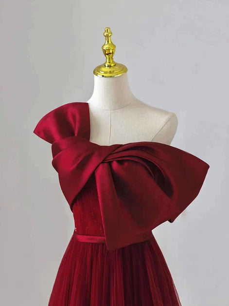 Burgundy Tulle and Satin A-Line One Shoulder Floor-Length Dress - Aabei Dress
