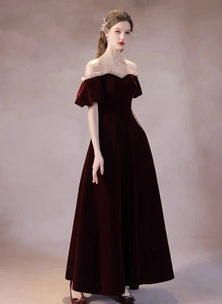 Burgundy Velvet A-Line Off-the-Shoulder Lace-up Ankle-Length Dress - Aabei Dress