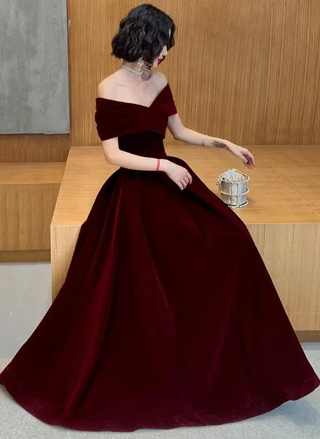 Burgundy Velvet A-Line Off-The-Shoulder Lace-Up Back Floor-Length Dress - Aabei Dress