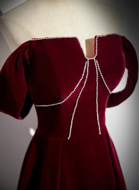 Burgundy Velvet A-Line Off-the-Shoulder Lace-up-back Floor-Length Dress - Aabei Dress