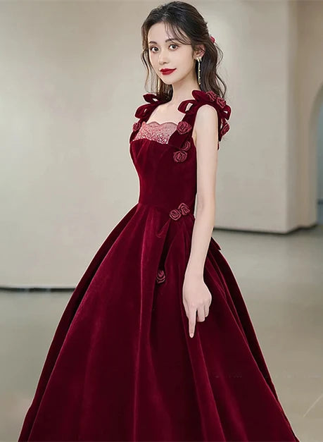 Burgundy Velvet A-Line Square Neck Lace-Up Back Floor-Length Dress - Aabei Dress