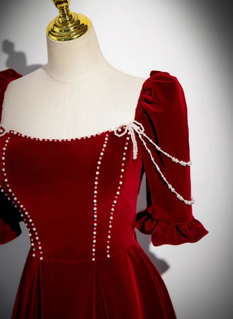 Burgundy Velvet A-Line Square Neck Lace-up Floor-Length Dress - Aabei Dress