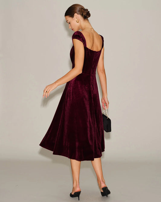Burgundy Velvet A-Line Square Neck Zipper Back Midi Dress Back View - Aabei Dress
