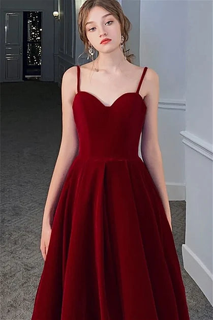 Burgundy Velvet A-Line Sweetheart V-Back Floor-Length Dress - Aabei Dress