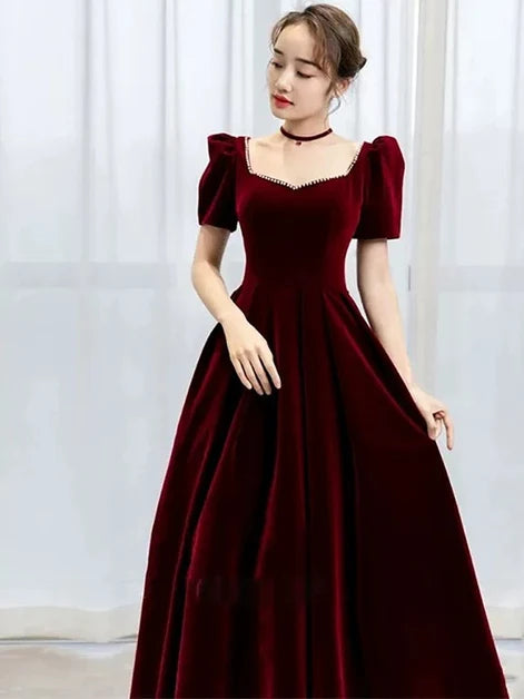 Burgundy Velvet A-Line Sweetheart V-Back Floor-Length Dress - Aabei Dress