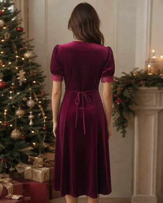 Burgundy Velvet A-Line V-Neck Tie Back Midi Dress Back View - Aabei Dress