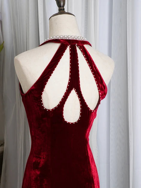 Burgundy Velvet Mermaid Halter Keyhole Back Floor-Length Dress - Aabei Dress