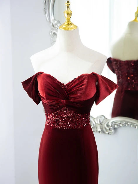 Burgundy Velvet Mermaid Off-the-Shoulder Lace-up Back Floor-Length Dress - Aabei Dress
