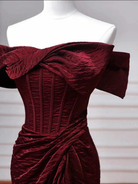 Burgundy Velvet Mermaid Off-the-Shoulder Lace-Up Floor-Length Dress - Aabei Dress