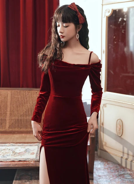 Burgundy Velvet Mermaid Square Neck Illusion Floor-Length Dress - Aabei Dress