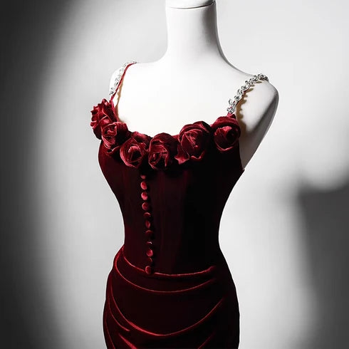 Burgundy Velvet Mermaid Sweetheart Lace Up Back Floor Length Dress - Aabei Dress