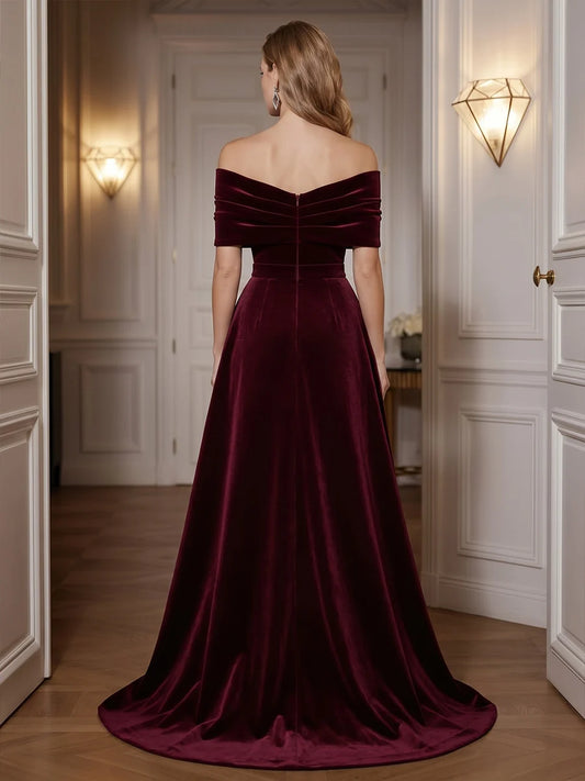 Burgundy Velvet & Sequin Sheath Column with Overskirt Floor-Length Dress Back View - Aabei Dress