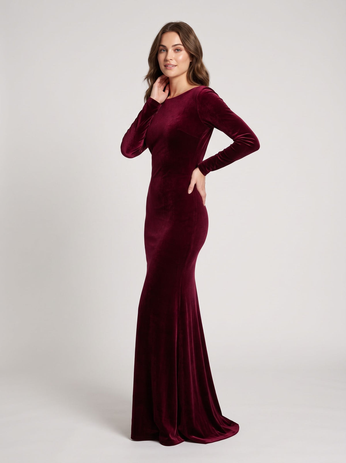 Burgundy Velvet Sheath Column Boat Neck Open Back Floor Length Dress - Aabei Dress