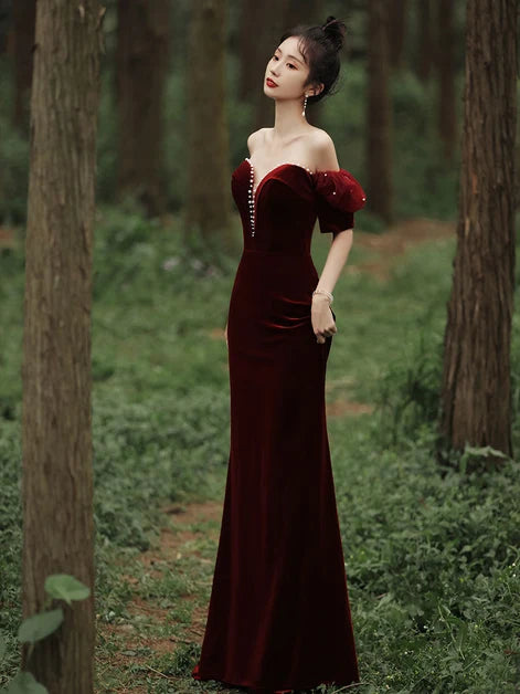 Burgundy Velvet Sheath Column Off The Shoulder Zipper Back Floor Length Dress - Aabei Dress