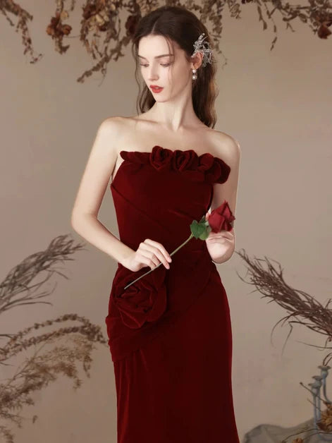 Burgundy Velvet Sheath Column Straight Across Lace Up Back Floor Length Dress - Aabei Dress