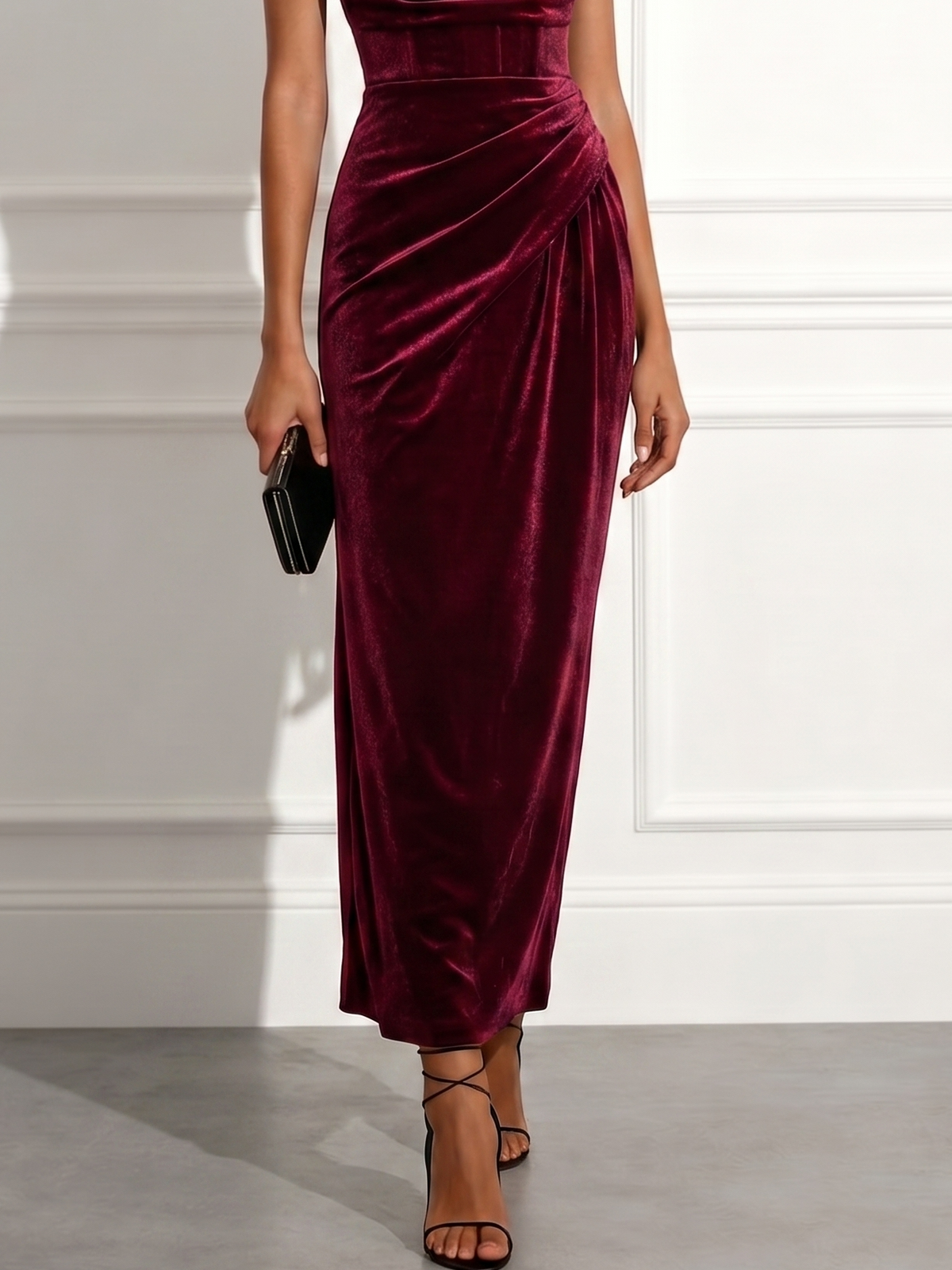 Burgundy Velvet sheath-column sweetheart lace-up-back floor-length Dress - Aabei Dress