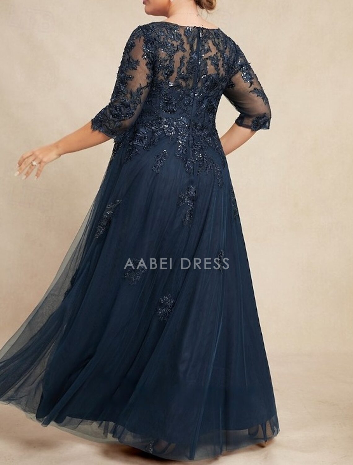 AABEI DRESS Wedding Guest Dress Elegant A-Line V Neck 3/4 Length Sleeve Floor Length Lace Applique Tulle Sparkle Mother of the Bride Dress