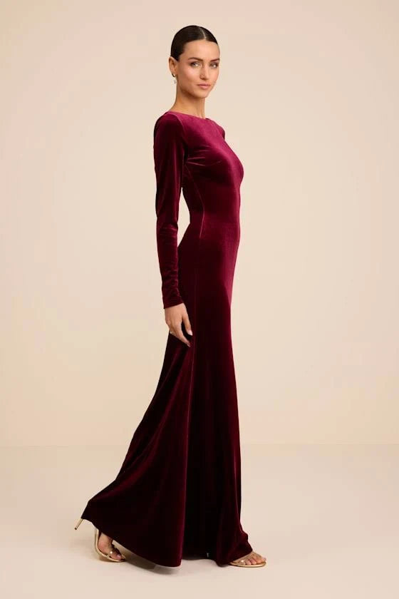 Cabernet Velvet Sheath Column Boat Neck Open Back Floor Length Dress - Aabei Dress