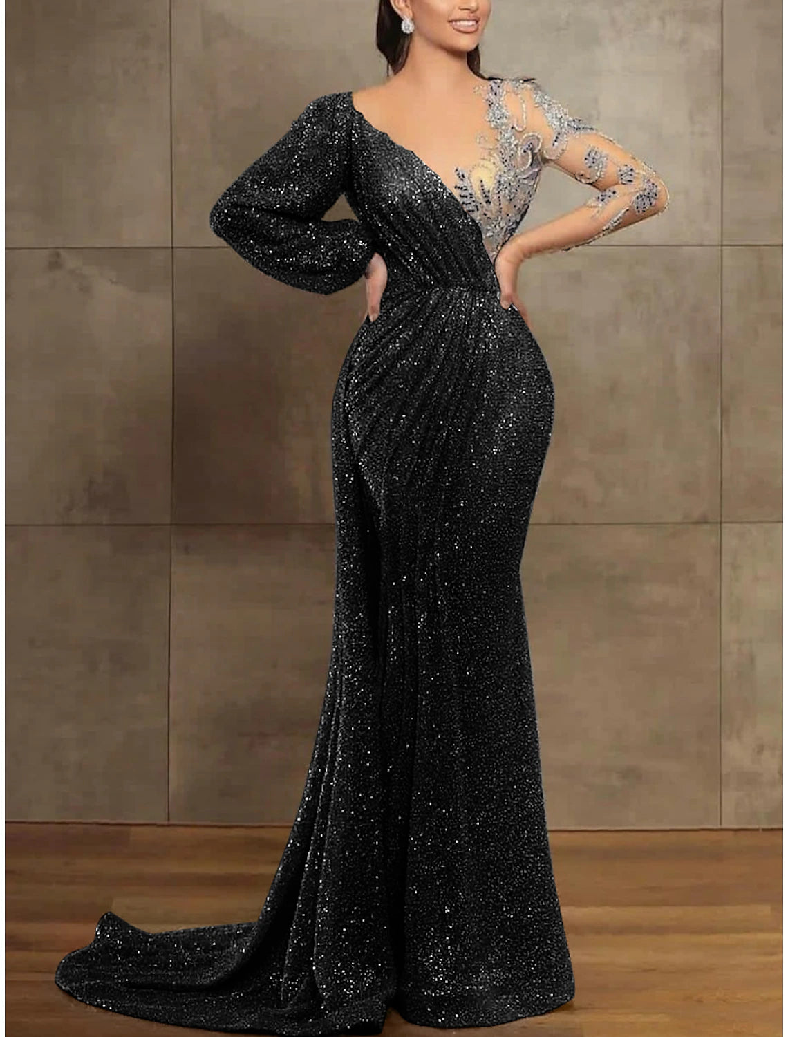Sequin Mermaid Gown Elegant Formal Dress Court Train Long Sleeve Illusion Neck Sequined with Pleats Evening Dress