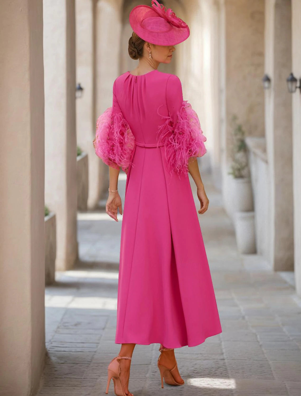 A-Line Elegant Jewel Neck Asymmetrical Stretch Fabric Half Sleeve with Mother of the Bride Dress