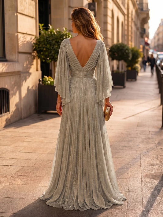Champagne Gold Glitter Fabric A-Line V-Neck V-Back Floor Length Dress Back View - Aabei Dress
