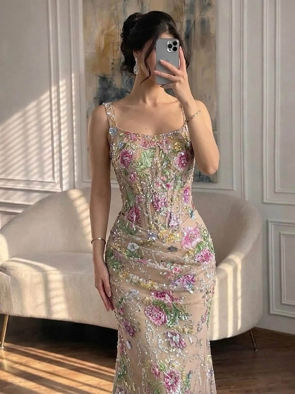 Champagne Pink Floral Sequin Mesh Mermaid Scoop Neck Floor-Length Dress - Aabei Dress
