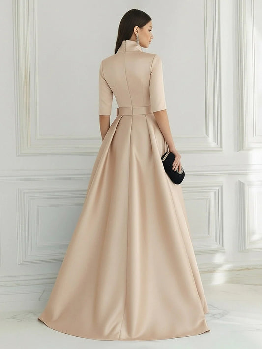 Champagne Satin and Lace A-Line V-Neck Floor-Length Dress Back View - Aabei Dress