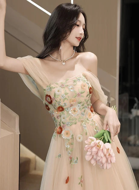 Champagne Tulle A-Line Off-the-Shoulder Lace-up Floor-Length Dress - Aabei Dress