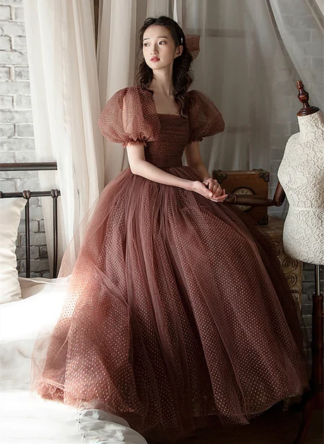 Cinnamon Dotted Tulle A-Line Square Neck Zipper Back Floor-Length Dress - Aabei Dress