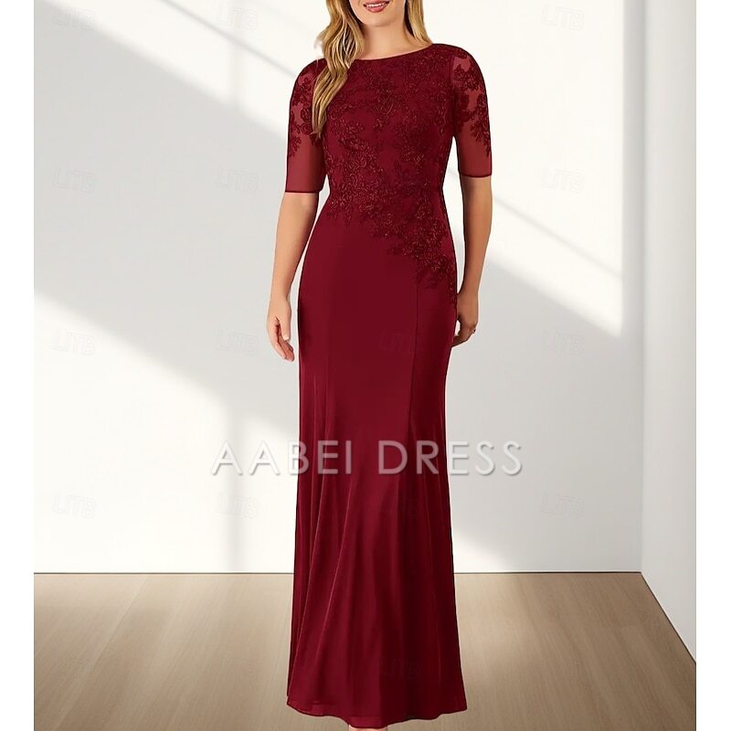 AABEI DRESS Wedding Guest Dress Mermaid  Elegant Crew Neck Floor Length Chiffon Half Sleeve with Appliques Mother of the Bride Dress
