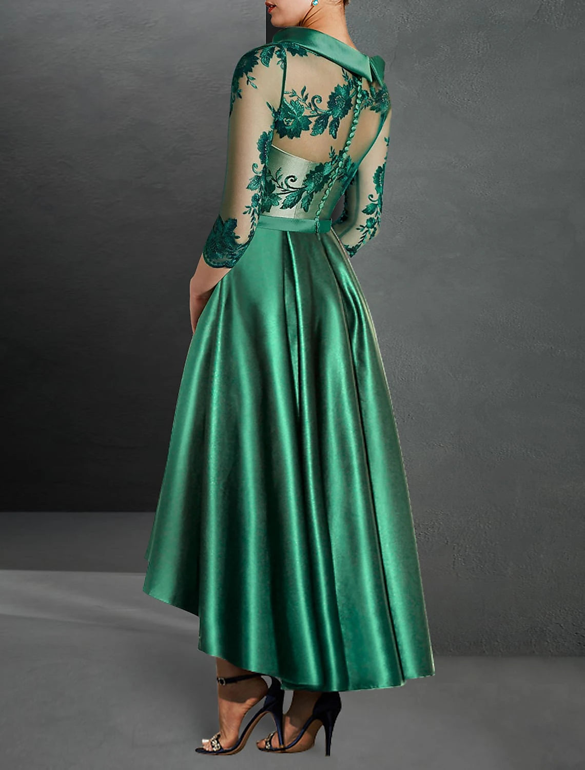 A-Line Cocktail Dresses Elegant Dress Formal Asymmetrical 3/4 Length Sleeve Jewel Neck Fall Wedding Guest Satin with Pleats Appliques Mother of the Bride Dresses