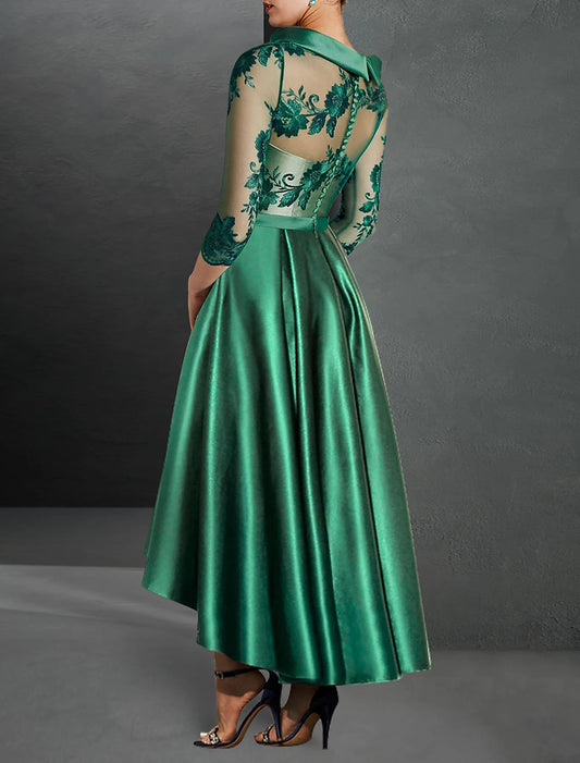 A-Line Cocktail Dresses Elegant Dress Formal Asymmetrical 3/4 Length Sleeve Jewel Neck Fall Wedding Guest Satin with Pleats Appliques Mother of the Bride Dresses