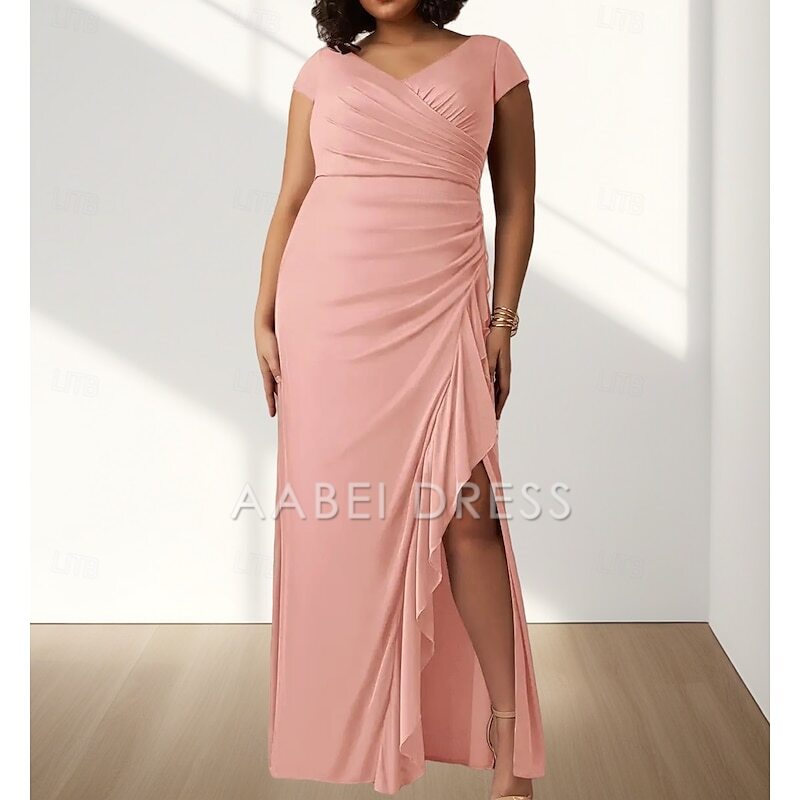 AABEI DRESS Wedding Guest Dress Elegant Mermaid V Neck Short Sleeve Pleats Split Curve Front Ruching Floor Length Plus Size Mother of the Bride Dress
