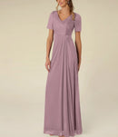 AABEI DRESS Wedding Guest Dress Elegant A-Line V Neck Short Sleeve Floor Length Pleated Simple Mother of the Bride Dress