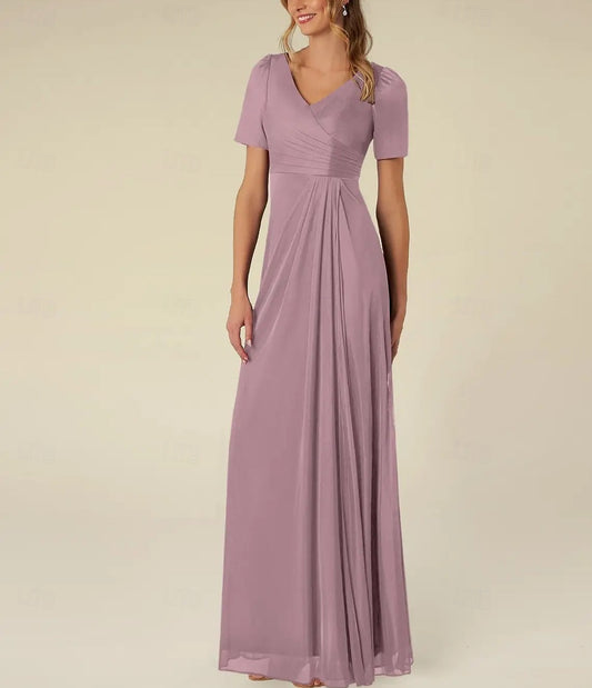 AABEI DRESS Wedding Guest Dress Elegant A-Line V Neck Short Sleeve Floor Length Pleated Simple Mother of the Bride Dress